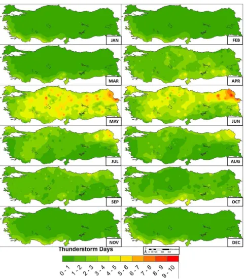 Figure 2. Average number of thunderstorm days in Turkey for each month. Data were provided by the Turkish State Meteorological Service.