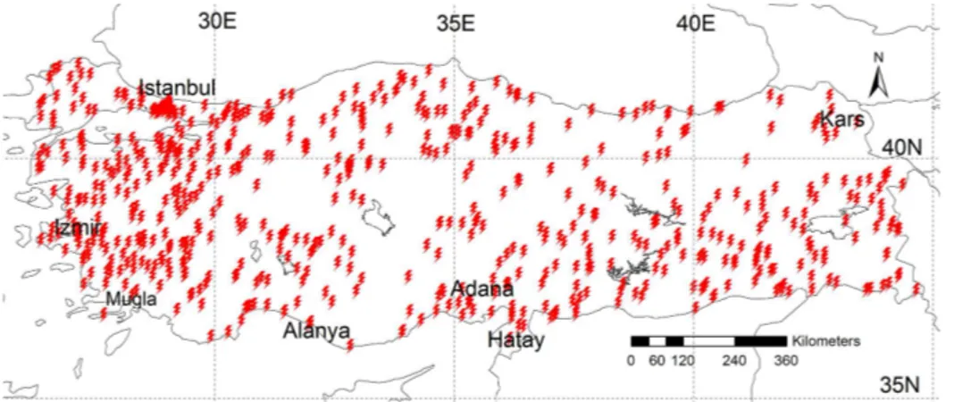 Figure 8. Locations of lightning incidents resulting in fatalities, injuries, or both, in Turkey (January 1930 to June 2014)
