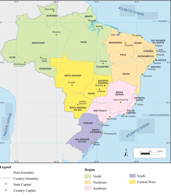 Figure 1: Map of Brazil, with division of Regions and States (adapted from IBGE, Mapas) 