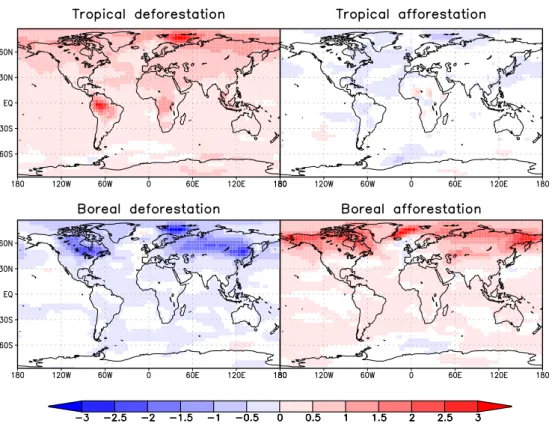 Fig. 3. Anomalies in 2 m-temperature averaged over the final 200 years for each experiment