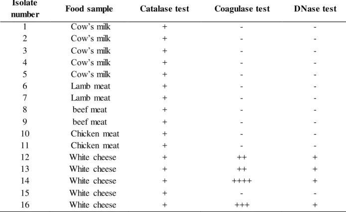 Table  1  Enzymes  confirmation  tests *   to  confirm  the  ability  of  S.  aureus  isolated  from  different  food samples  to produce  enterotoxins