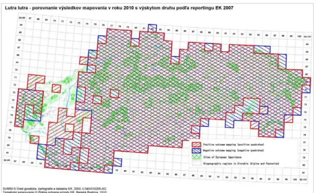 Figure 4.  Comparison of results of the Slovak national otter surveys in winters 2007/2008 and  2008/2009 with reference otter range used for reporting (the map author P
