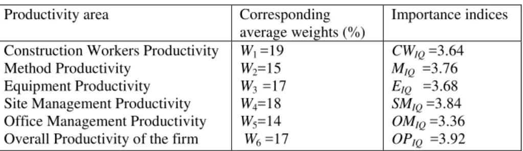 Table 1: Productivity areas, corresponding average weights and importance indices 