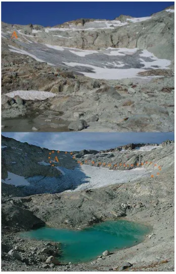 Fig. 7. Lynch Glacier, North Cascades in 1960 (Austin Post, USGS) and 2007 (below). There are new rock outcroppings in the  accumu-lation zone on the right side (west side) of the glacier, the width of exposed rock on the ridge on the right side of the gla