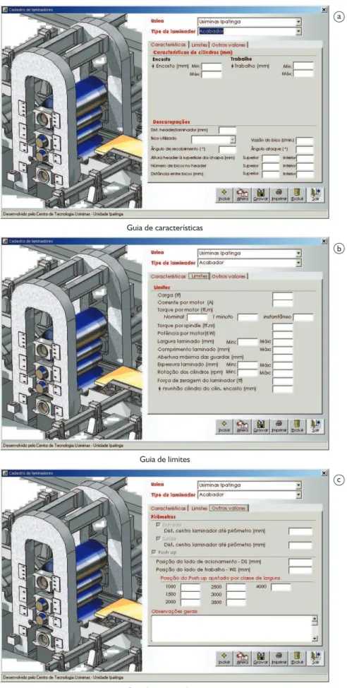 Figura 3. Interfaces de cadastro de laminadores. a) Guia de características. b) Guia de limites