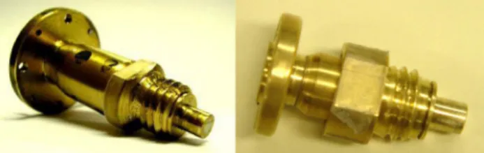 Fig. 2. Waveguide lens feeds for the Q-band (left) and for the V-band (right).