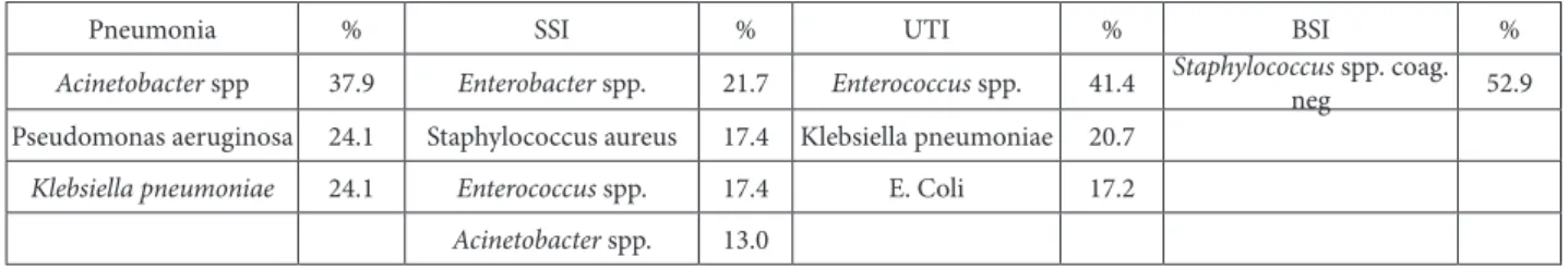 Table 5. Distribution of microorganisms isolated in healthcare-associated infections by main type of infection point prevalence survey  in 2010 (n=124).