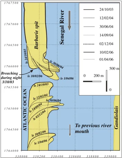 Fig. 4. Time-space evolution of the new mouth between October 2003 and April 2006 (data from N