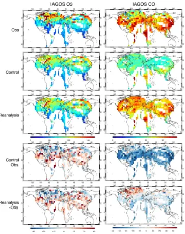 Figure 6. Vertical profiles of the time series of the monthly mean O 3 concentration difference (in %) between the control run and ozonesondes (top) and between the reanalysis and ozonesondes (bottom) averaged over the NH mid-latitudes (15–55 ◦ N).
