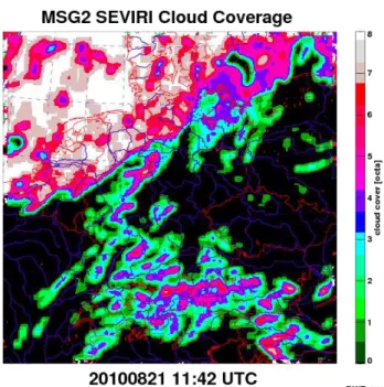 Figure 3. Total cloud coverage from MSG based on pixel-by- pixel-by-pixel analysis using NWCSAF algorithm, mapped onto  COSMO-DE model domain and calculated for a 9 × 9 pixel matrix.