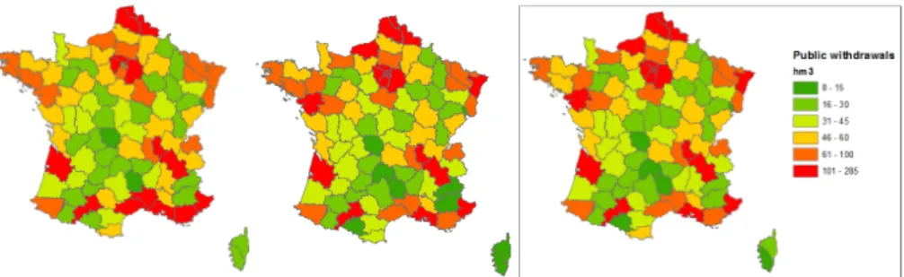Fig. 6. Public water withdrawals given in hm3 for France at NUTS3 level for 2006. Left: NUTS3 totals derived from our model; center: NUTS3 totals derived from disaggregation of water use directly to the population density; right: actual statistical data av