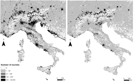Fig. 8. Tourism density (number of tourists per 5 km pixel) for August 2006 (left), and Jan- Jan-uary 2006 (right).
