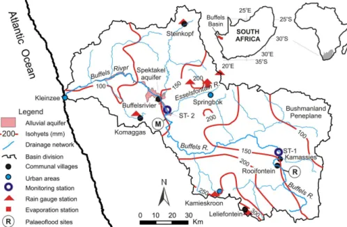 Fig. 1. The Buffels River catchment illustrating the drainage network and rainfall isohyets