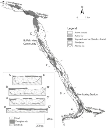 Fig. 2. Geomorphogical map showing the main fluvial units along the Spektakel aquifer and the location of the WADE project  moni-toring station