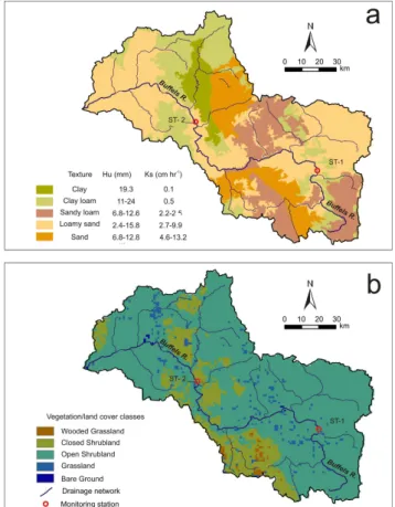 Fig. 3. (a) Soil texture and (b) vegetation cover index maps of the Buffels River catchment.