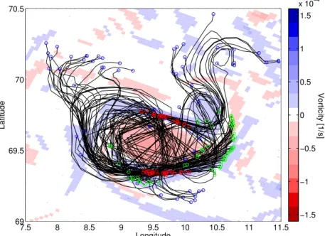 Fig. 5. Surface particle trajectories for a subset the particles that were aggregated in the high-vorticity region after 4 days of simulation