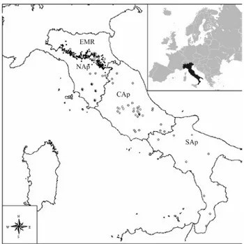 Fig. 1. Study area: Italian Peninsula. he dark small circles repre- repre-sent the non-invasive samples, white circles the invasive samples  (tissues) and stars the hybrid (wolf x dog) samples