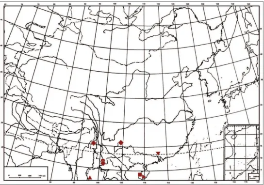 Figure 37. Geographic distribution of Symplanella species: S. recurvata sp. n. (▼);  S