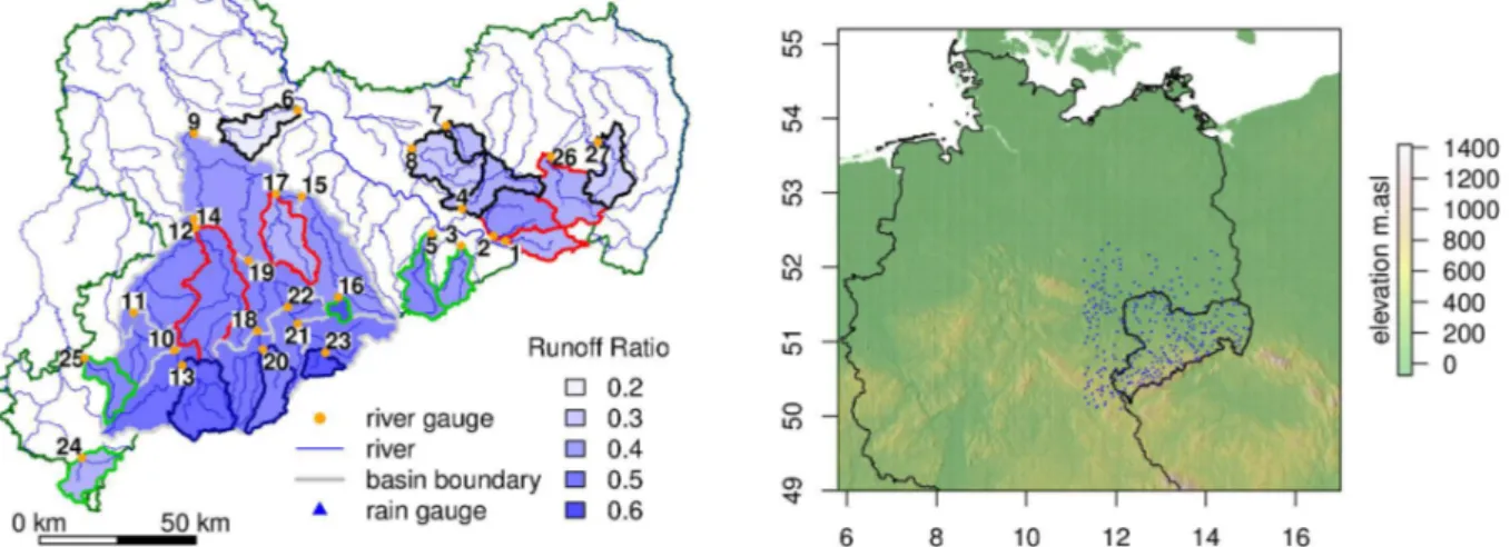 Fig. 2. Left panel: map of the study area and long term average basin runoff ratios of the basins investigated