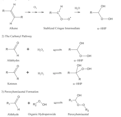 Fig. 1. Two aqueous-phase pathways of α-hydroxyhydroperoxide (α-HHP) formation: (1) the Criegee Pathway, (2) the Carbonyl pathway, and a related reaction (3) peroxyhemiacetal  for-mation.