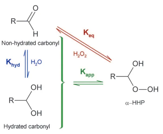 Fig. 4. Hydration equilibrium constant (K hyd ), the α-HHP formation equilibrium constant (K eq ) and the apparent α-HHP formation equilibrium constant (K app )