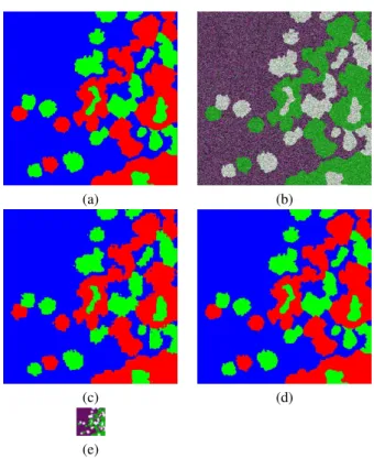 Table 1: Classification accuracy in percentage for each class of the simulated image, where OA, AA, k, SA MRF-SPM, and IA MRF-SRM represent the overall accuracy, average accuracy, kappa coefficient, spatially adaptive MRF-SPM, and improved adaptive MRF-SRM