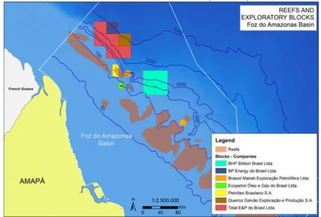 Figura 2 – Localização dos recifes de corais da foz do Rio Amazonas e dos blocos exploratórios de petróleo 
