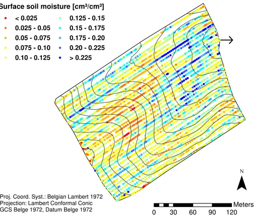 Fig. 2. Map of soil moisture point-values retrieved by GPR inversions from the field acquisition in Marbaix on the 15 April 2009