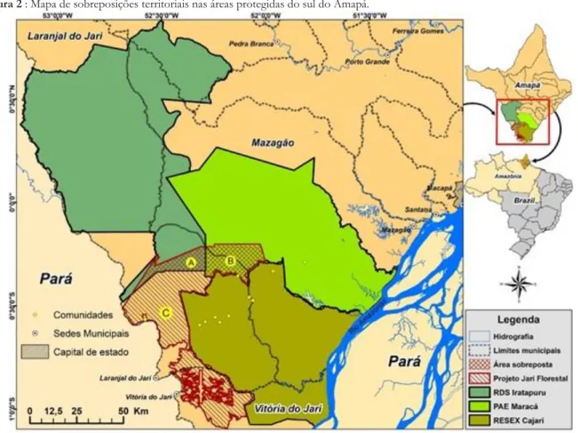 Figura 2 : Mapa de sobreposições territoriais nas áreas protegidas do sul do Amapá. 
