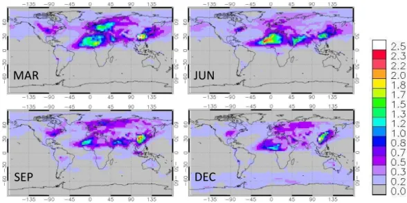 Fig. 8. Global distributions of monthly average total AOD for the base-case MOZART-4 simulations.