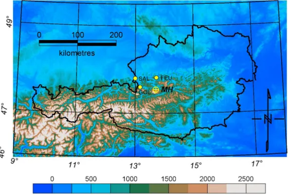 Fig. 1. Location of Mammuth ¨ohle and the reference stations mentioned in the text. MH – Mammuth ¨ohle, SAL – Salzburg, GOL – Golling, FEU – Feuerkogel.