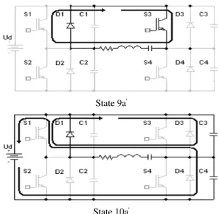 Fig. 9. Power circuit configurations of the series resonant  inverter commutation states (non-ZVS regime) (no.1 