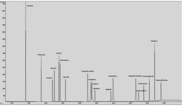 Figura 3.2- Cromatograma típico da análise de pesticidas por GC/MS, no modo SIM 