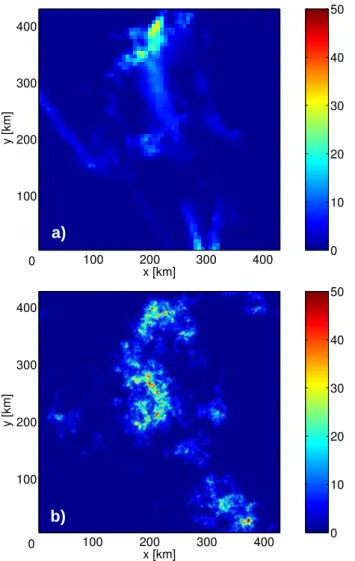 Fig. 5. Example of downscaling. The LAM field (panel a) indicates the rainfall predicted from t=33h to t=36h