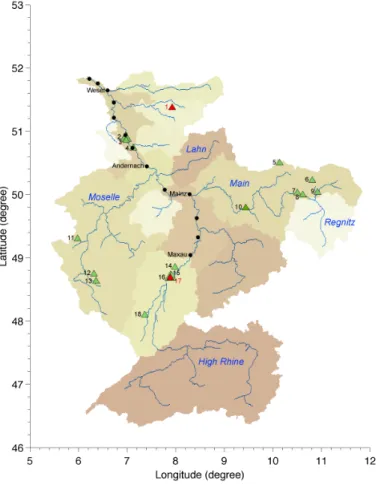 Figure 1. River gauge (circle) and well (triangle) locations over the Rhine River basin used in this paper