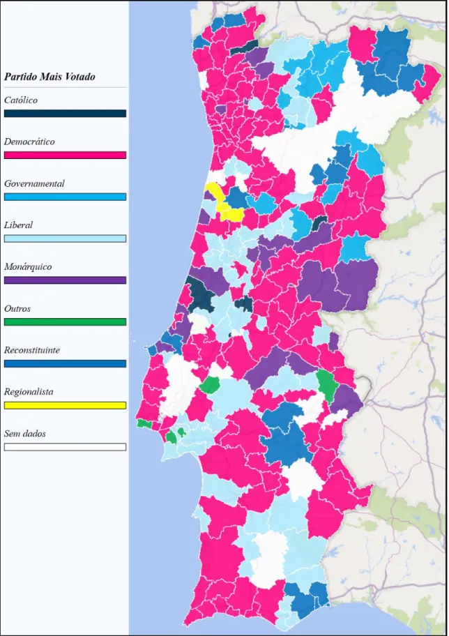 Figura 4 - Mapa por Partido do candidato mais votado por Concelho