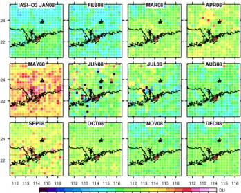 Fig. 12. 0–6 km ozone columns (morning pass) retrieved from IASI over the Beijing region and averaged over the domain as a function of day (top)