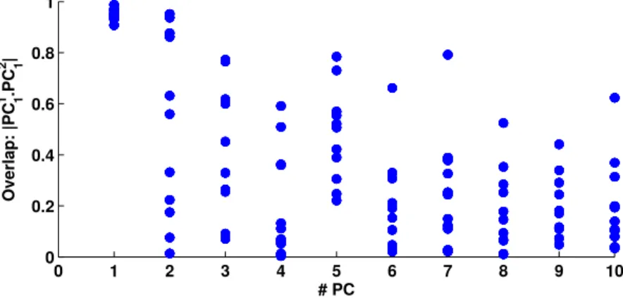 Figure 2.4: A: Overlap of the n th principal component computed in the first half and the n th PC computed in the second half of the recording, for each experiment.