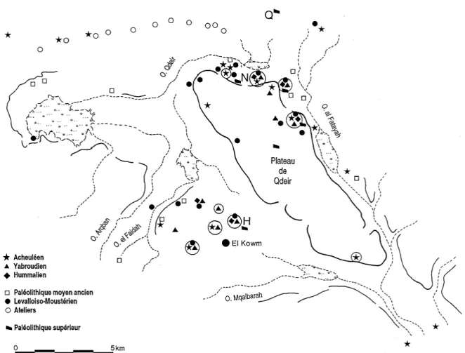 Fig. 2: Répartition des principaux gisements paléolithiques de la région d’El Kowm. Les sites en stratigraphie sont entourés d’un cercle