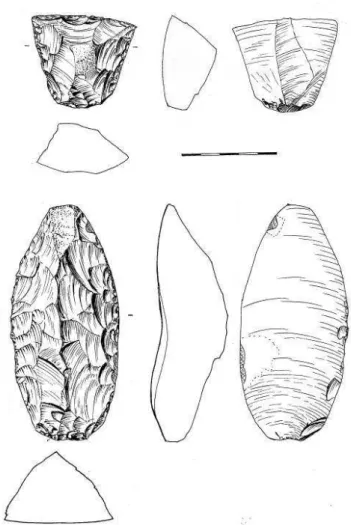 Fig. 5: Outillage yabroudien de Hummal (fouilles 1999-2005)  en haut: racloir déjeté double; 