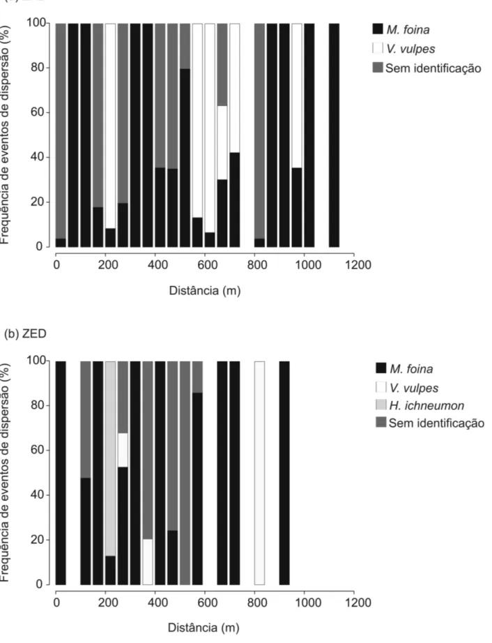 Figura  5.  Contribuição (%) de  M. foina  (preto),  V. vulpes  (branco),  H. ichneumon  (cinzento claro) e carnívoros “sem-identificação” (cinzento escuro) na dispersão de missangas em cada classe de distância de 50 m na (a) área de estudo 1 (ZRD) e na (b
