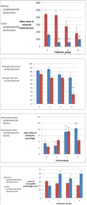 Figure 3. (A)  Average count of leukocytes (cells /ml) before and  after cyclophosphamide administration  
