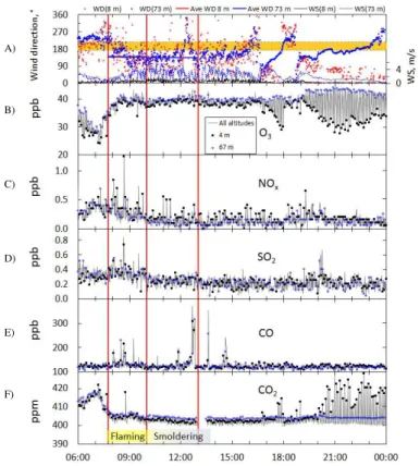 Fig. 2. Selected data obtained from the SMEAR II mast during the burning day at a 1 min time resolution