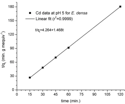 Fig. 3 Copper adsorption kinetic data by applying E. densa, at T = 30 o C and pH = 5,  and simulation data of the pseudo second order model
