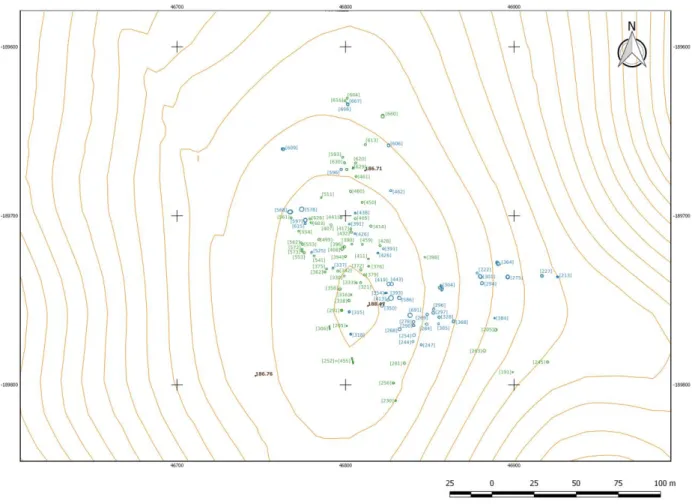 Figura 2 – Localização das estruturas arqueológicas de Alto de Brinches 3. A azul as estruturas do período  Calcolítico  e  a  verde  as  da  Idade  do  Bronze