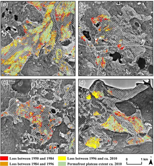 Figure 11. Spatial and temporal pattern of permafrost loss within four change detection areas: (a) Mystery Creek, (b) Watson Lake, (c) Browns Lake, and (d) Tustumena Lake