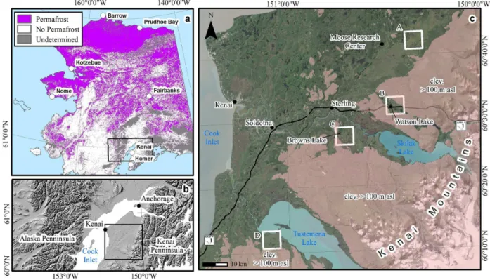 Figure 1. Study area figure. (a) Recent permafrost map of Alaska (Pastick et al., 2015) indicating permafrost presence (purple) and absence (white) in the upper 1 m of the ground surface