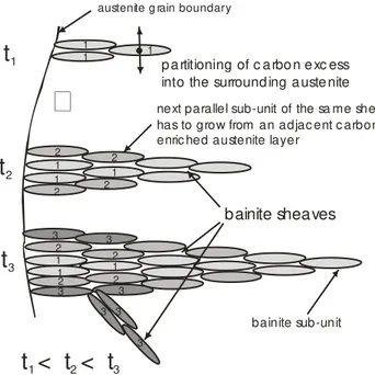 Fig. 2. Schematic of stages of development of bainitic sheaf (t 1 , t 2