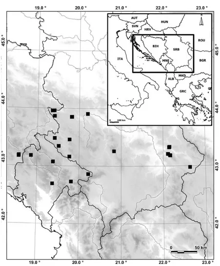 Fig. 1. Distribution of sampled populations of E. graminifolius “jugoslavicus” used in this study