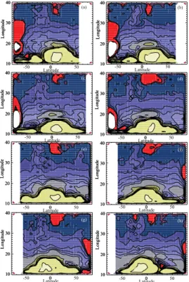 Fig. 6. Cross sections of CALIOP aerosol attenuated backscatter at 532 nm where the total backscatter has been adjusted by + 5% for (a) 2 July 2006, (b) 6 August 2006, (c) 3 September 2006, (d) 1 October 2006, (e) 5 November 2006, (f) 3 December 2006, (g) 
